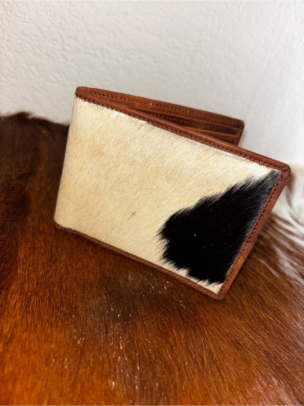 Leather Bifold Wallet with Cream and Black Hair-On Hide